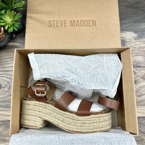 NIB Steve Madden Kelton Espadrille Platform Ankle Strap Sandal Cognac Leather - Picture 10 of 13